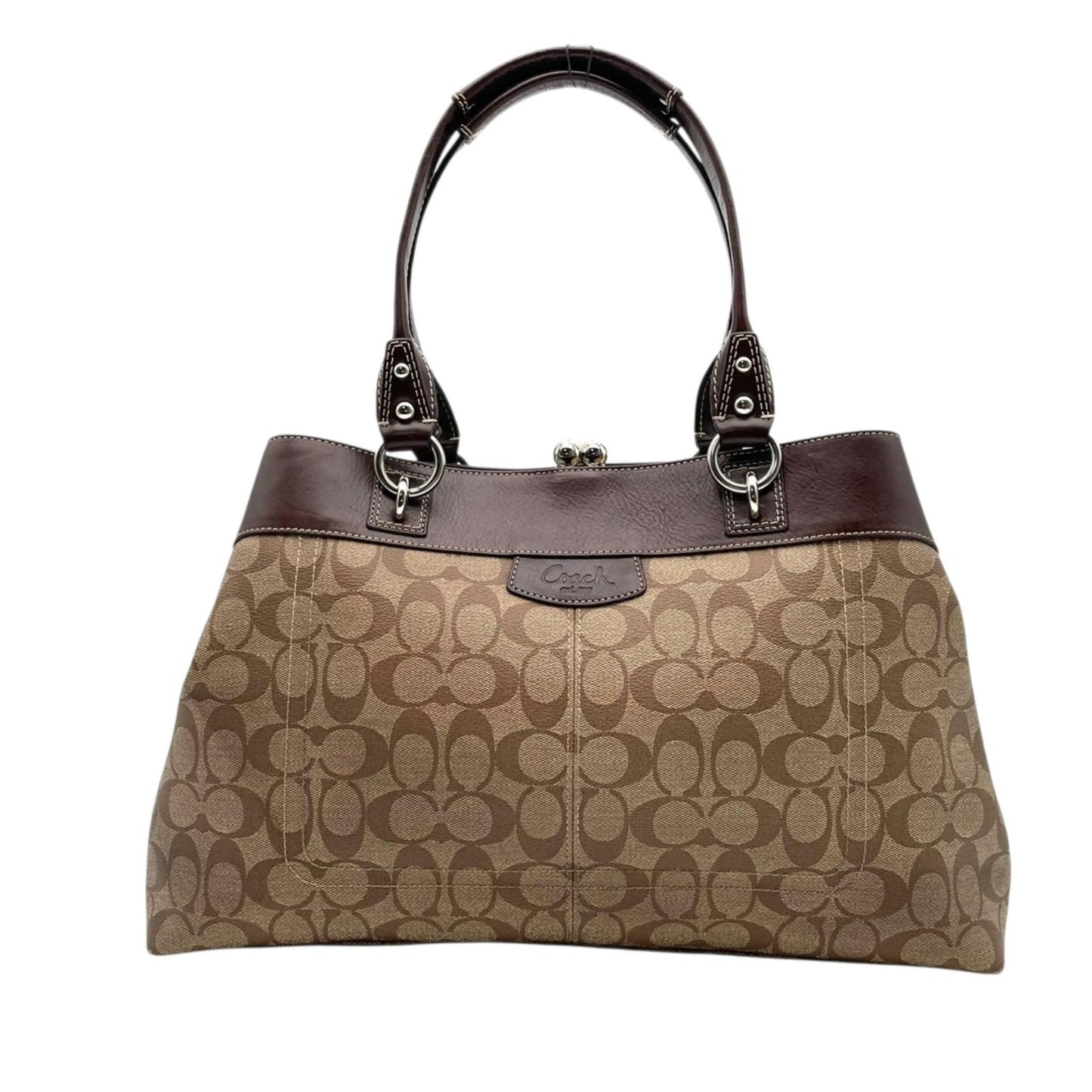 コーチ COACH シグネチャー トートバッグ PVC レザー ベージュ ブラウン ワンショルダー 自立可 A4サイズ収納可 がま口ポケット デザイン F15705 エレガント クラシック ビンテージスタイル 通勤 通学 ビジネス お出かけ 普段使い S9