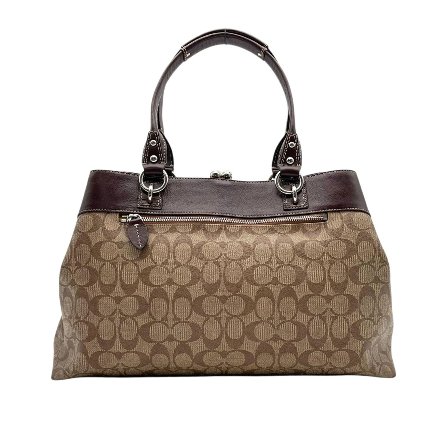 コーチ COACH シグネチャー トートバッグ PVC レザー ベージュ ブラウン ワンショルダー 自立可 A4サイズ収納可 がま口ポケット デザイン F15705 エレガント クラシック ビンテージスタイル 通勤 通学 ビジネス お出かけ 普段使い S9