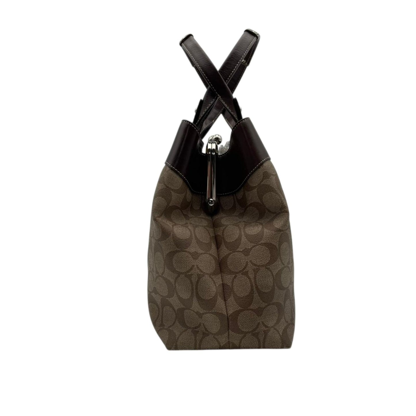コーチ COACH シグネチャー トートバッグ PVC レザー ベージュ ブラウン ワンショルダー 自立可 A4サイズ収納可 がま口ポケット デザイン F15705 エレガント クラシック ビンテージスタイル 通勤 通学 ビジネス お出かけ 普段使い S9
