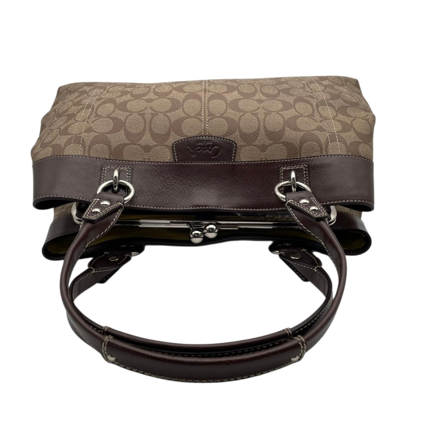コーチ COACH シグネチャー トートバッグ PVC レザー ベージュ ブラウン ワンショルダー 自立可 A4サイズ収納可 がま口ポケット デザイン F15705 エレガント クラシック ビンテージスタイル 通勤 通学 ビジネス お出かけ 普段使い S9
