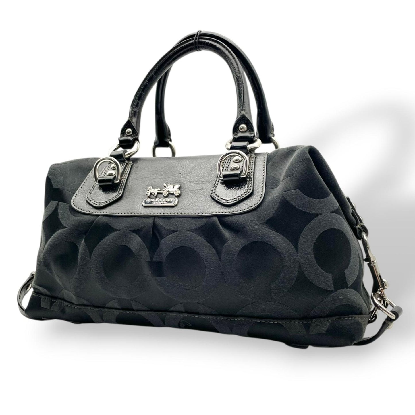 良品 コーチ COACH マディソン オプアート サテン ソフィア サッチェル 2WAY ハンドバッグ ショルダーバッグ キャンバス レザー ブラック 黒 12947 シルバー金具 エレガント クラシック 普段使い 通勤 通学 レディース 定番 S69