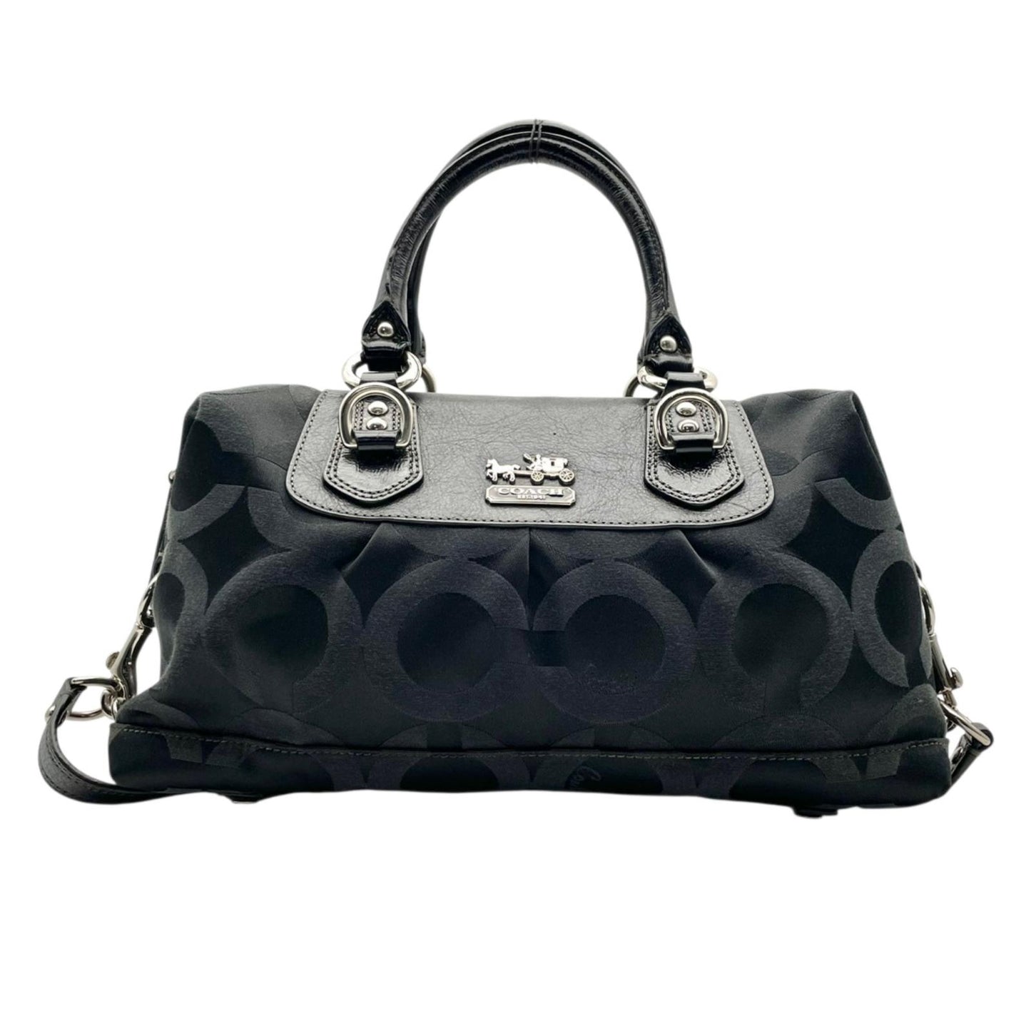 良品 コーチ COACH マディソン オプアート サテン ソフィア サッチェル 2WAY ハンドバッグ ショルダーバッグ キャンバス レザー ブラック 黒 12947 シルバー金具 エレガント クラシック 普段使い 通勤 通学 レディース 定番 S69