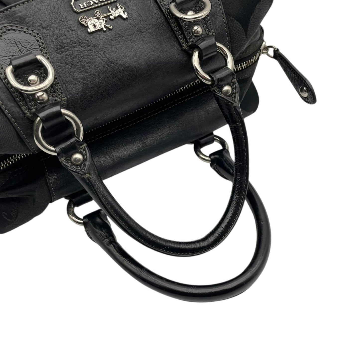 良品 コーチ COACH マディソン オプアート サテン ソフィア サッチェル 2WAY ハンドバッグ ショルダーバッグ キャンバス レザー ブラック 黒 12947 シルバー金具 エレガント クラシック 普段使い 通勤 通学 レディース 定番 S69