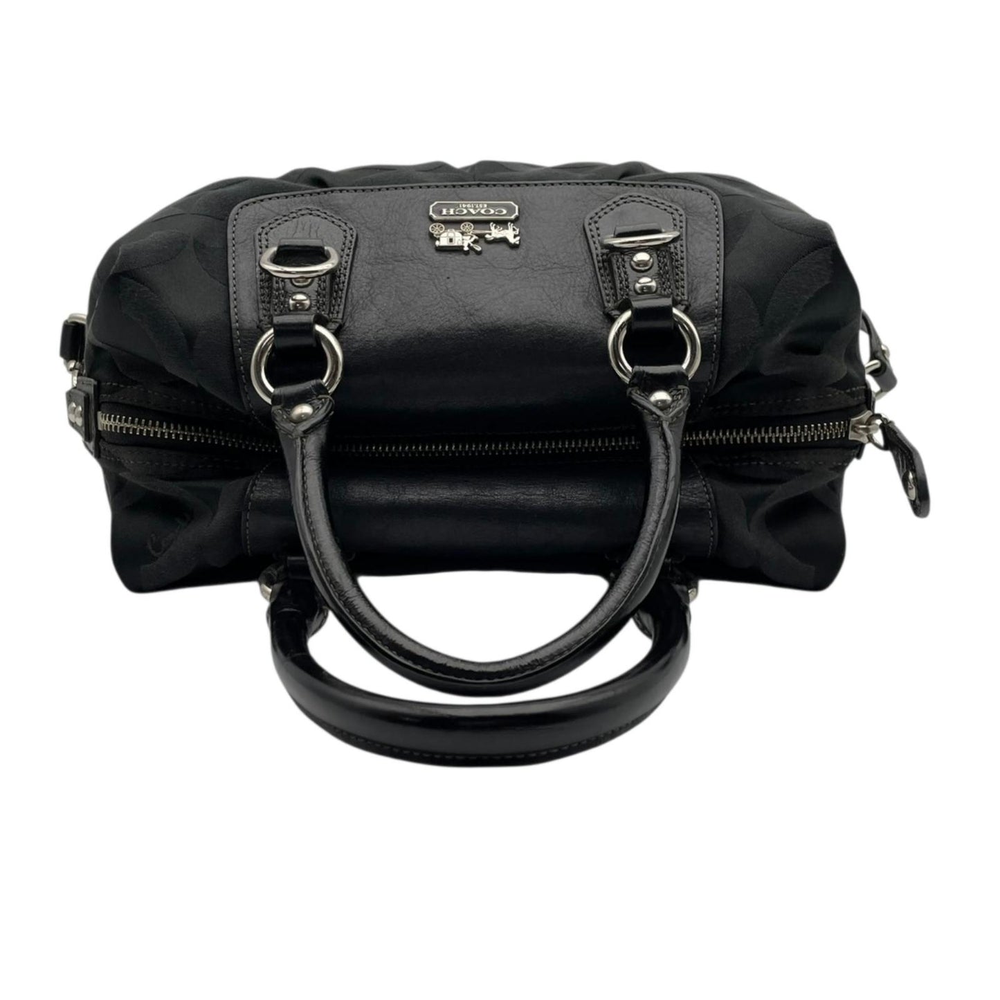 良品 コーチ COACH マディソン オプアート サテン ソフィア サッチェル 2WAY ハンドバッグ ショルダーバッグ キャンバス レザー ブラック 黒 12947 シルバー金具 エレガント クラシック 普段使い 通勤 通学 レディース 定番 S69