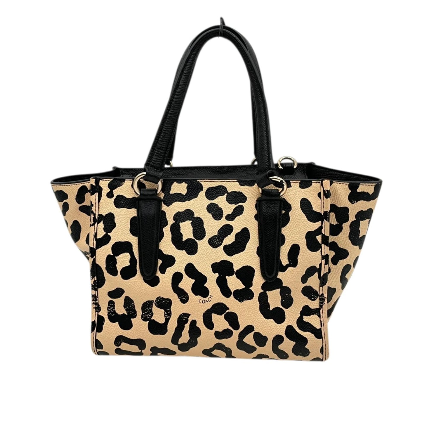 【良品】 コーチ COACH 2WAY トートバッグ ショルダーバッグ 34334 レオパード ヒョウ柄 PVC レザー ベージュ ブラック 黒 ゴールド金具 斜め掛け クロスボディ お出かけ デイリー エレガント 上品 レディース 定番 人気 s94