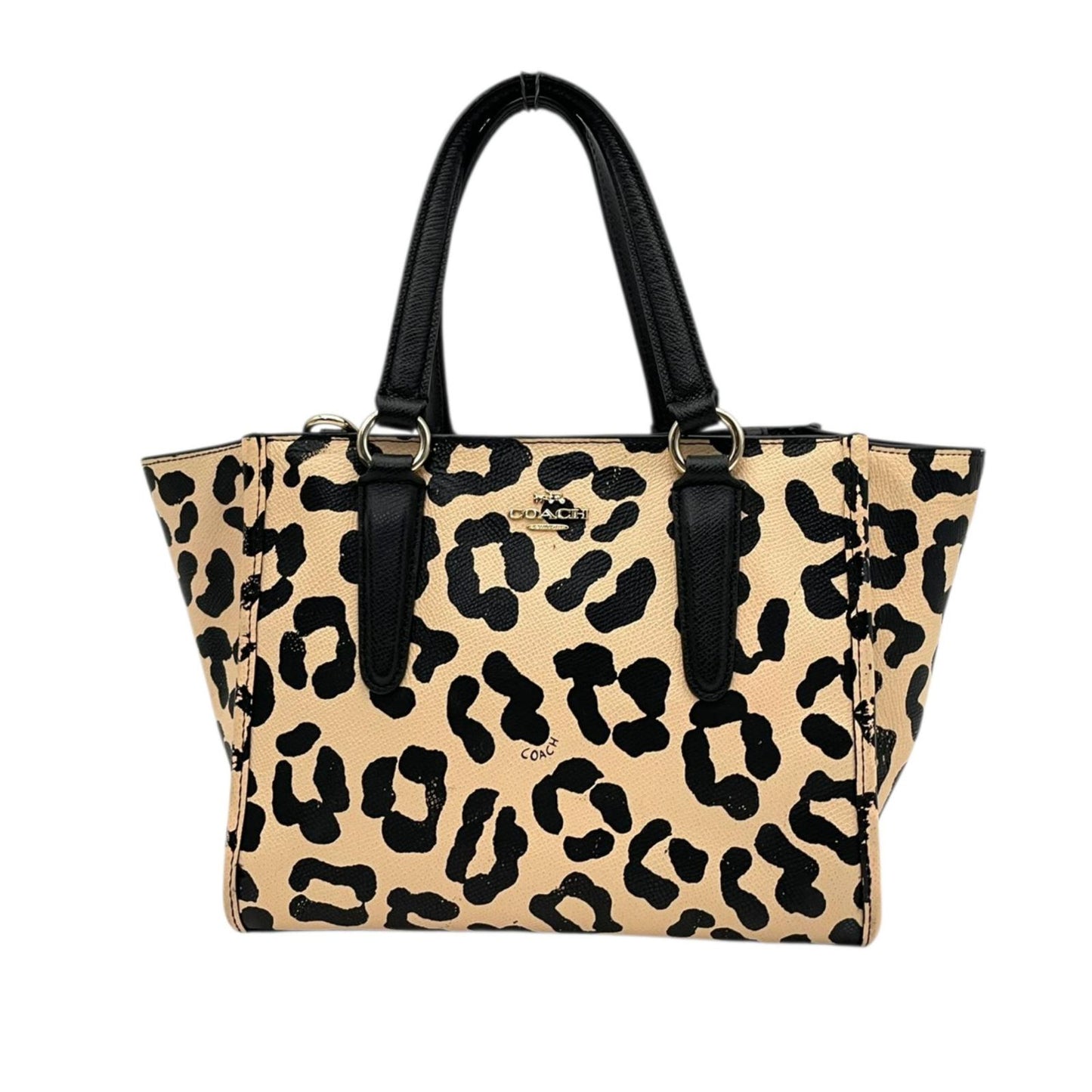 【良品】 コーチ COACH 2WAY トートバッグ ショルダーバッグ 34334 レオパード ヒョウ柄 PVC レザー ベージュ ブラック 黒 ゴールド金具 斜め掛け クロスボディ お出かけ デイリー エレガント 上品 レディース 定番 人気 s94