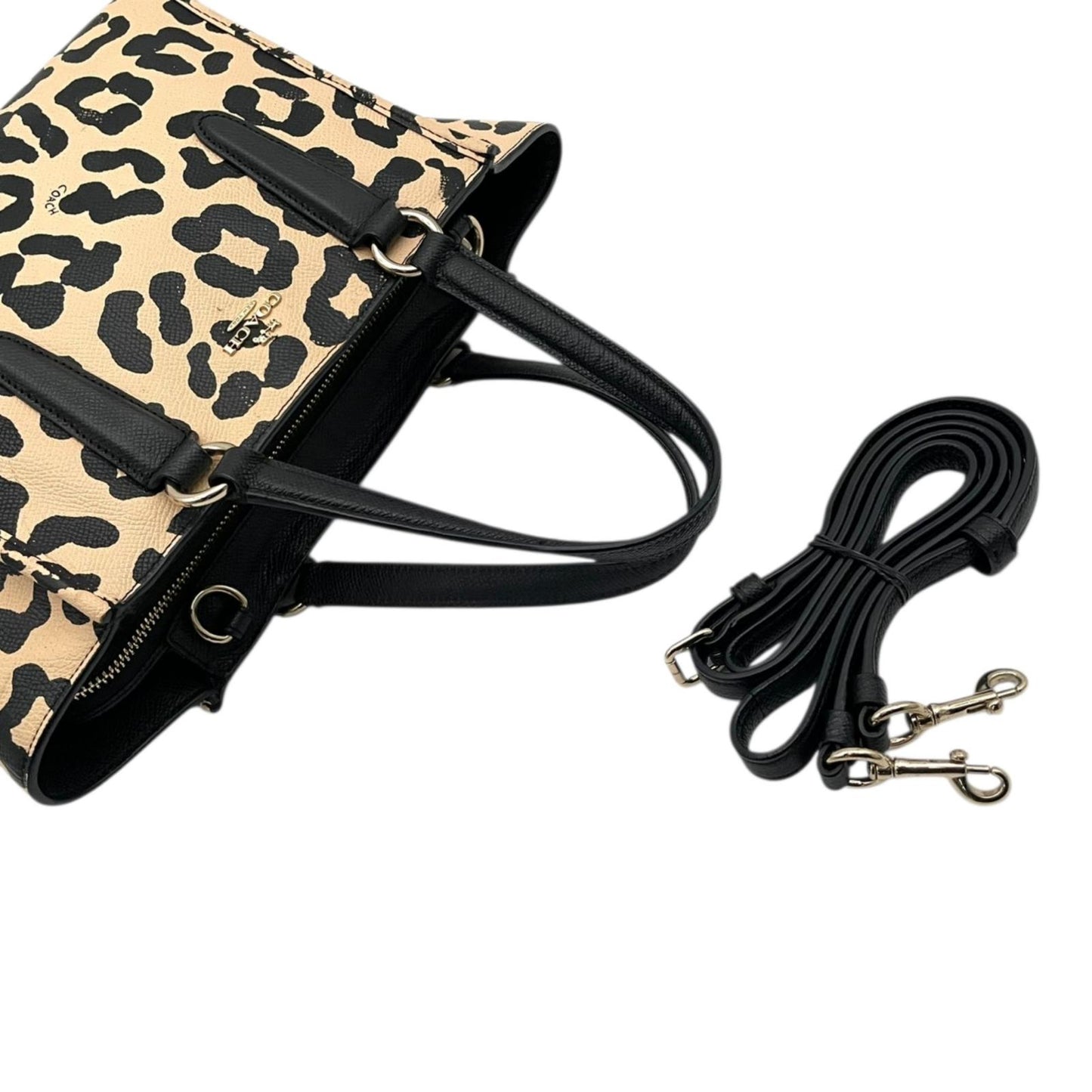 【良品】 コーチ COACH 2WAY トートバッグ ショルダーバッグ 34334 レオパード ヒョウ柄 PVC レザー ベージュ ブラック 黒 ゴールド金具 斜め掛け クロスボディ お出かけ デイリー エレガント 上品 レディース 定番 人気 s94