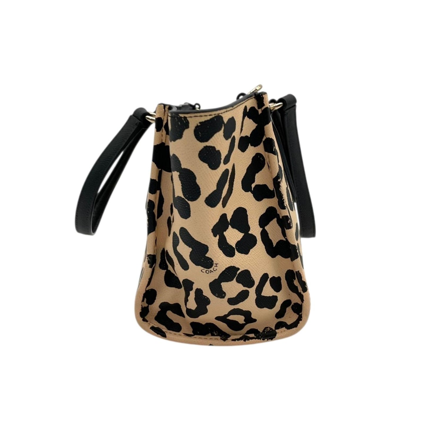 【良品】 コーチ COACH 2WAY トートバッグ ショルダーバッグ 34334 レオパード ヒョウ柄 PVC レザー ベージュ ブラック 黒 ゴールド金具 斜め掛け クロスボディ お出かけ デイリー エレガント 上品 レディース 定番 人気 s94