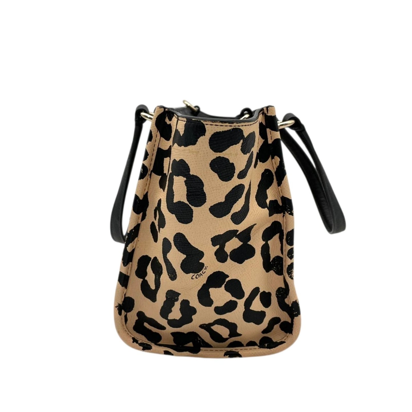 【良品】 コーチ COACH 2WAY トートバッグ ショルダーバッグ 34334 レオパード ヒョウ柄 PVC レザー ベージュ ブラック 黒 ゴールド金具 斜め掛け クロスボディ お出かけ デイリー エレガント 上品 レディース 定番 人気 s94