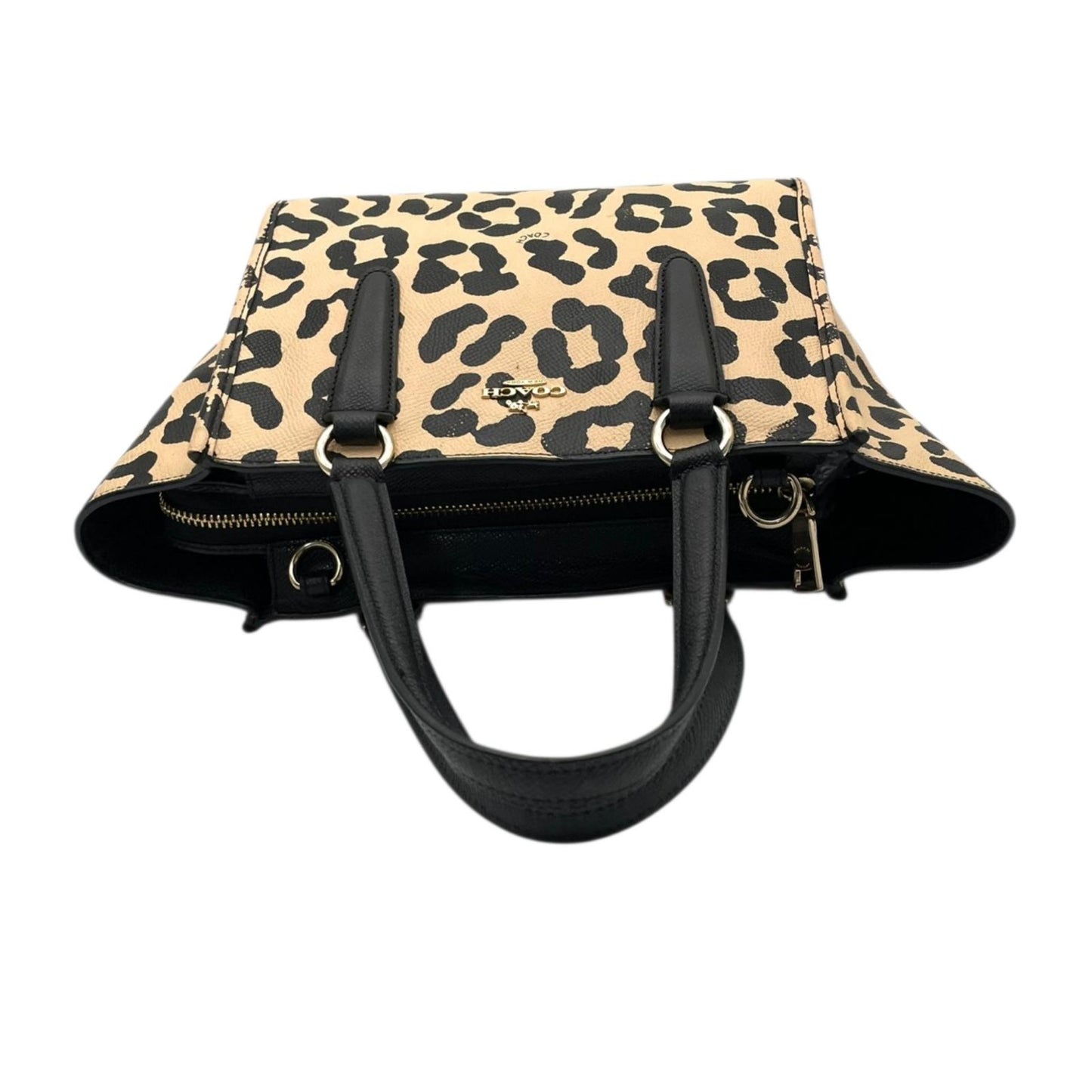 【良品】 コーチ COACH 2WAY トートバッグ ショルダーバッグ 34334 レオパード ヒョウ柄 PVC レザー ベージュ ブラック 黒 ゴールド金具 斜め掛け クロスボディ お出かけ デイリー エレガント 上品 レディース 定番 人気 s94