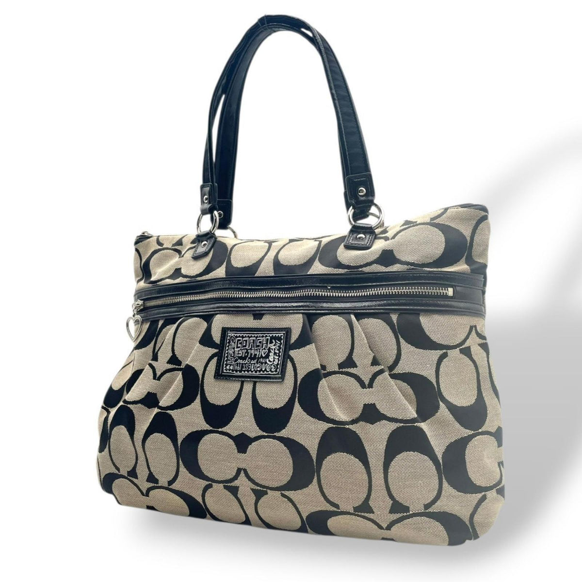 美品 COACH コーチ ポピー デイジー シグネチャー トートバッグ F22947 キャンバス レザー グレー ブラック 肩掛け A4収納 大容量 Y2K ヴィンテージ ハートチャーム レディース 通勤 通学 シルバー金具 S70