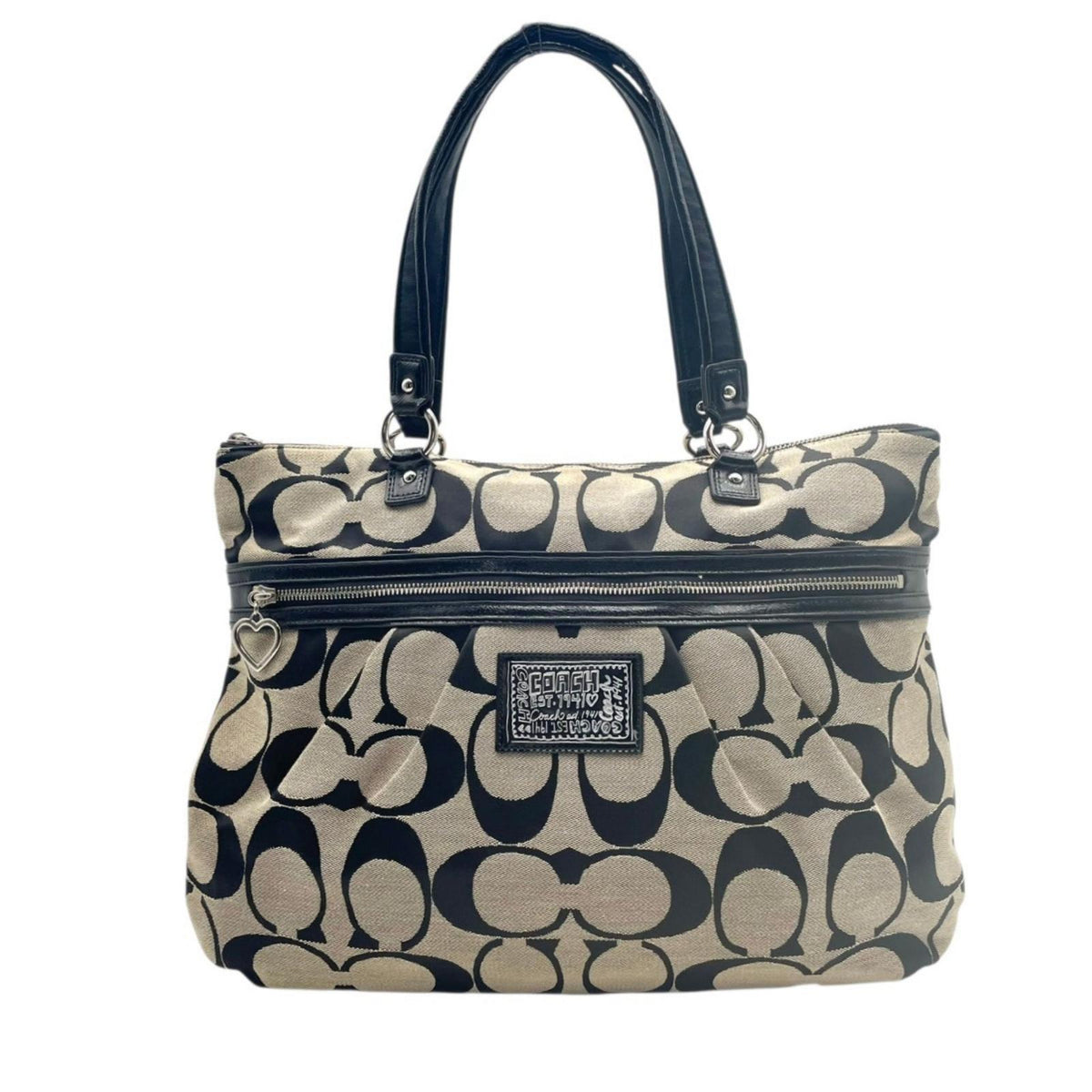 美品 COACH コーチ ポピー デイジー シグネチャー トートバッグ F22947 キャンバス レザー グレー ブラック 肩掛け A4収納 大容量 Y2K ヴィンテージ ハートチャーム レディース 通勤 通学 シルバー金具 S70