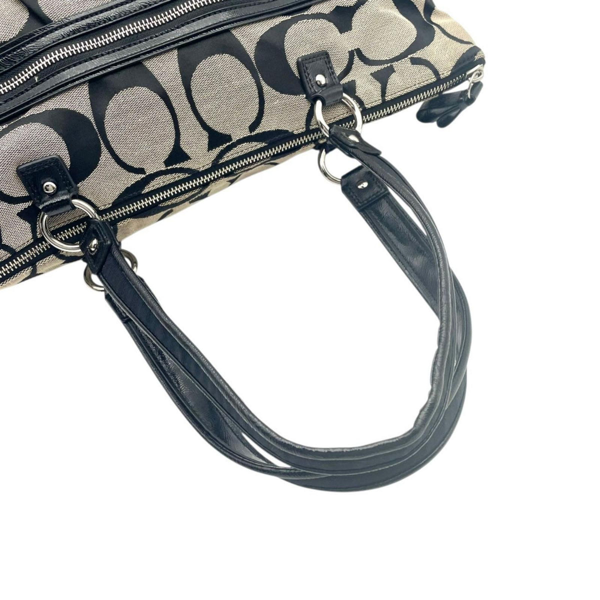 美品 COACH コーチ ポピー デイジー シグネチャー トートバッグ F22947 キャンバス レザー グレー ブラック 肩掛け A4収納 大容量 Y2K ヴィンテージ ハートチャーム レディース 通勤 通学 シルバー金具 S70