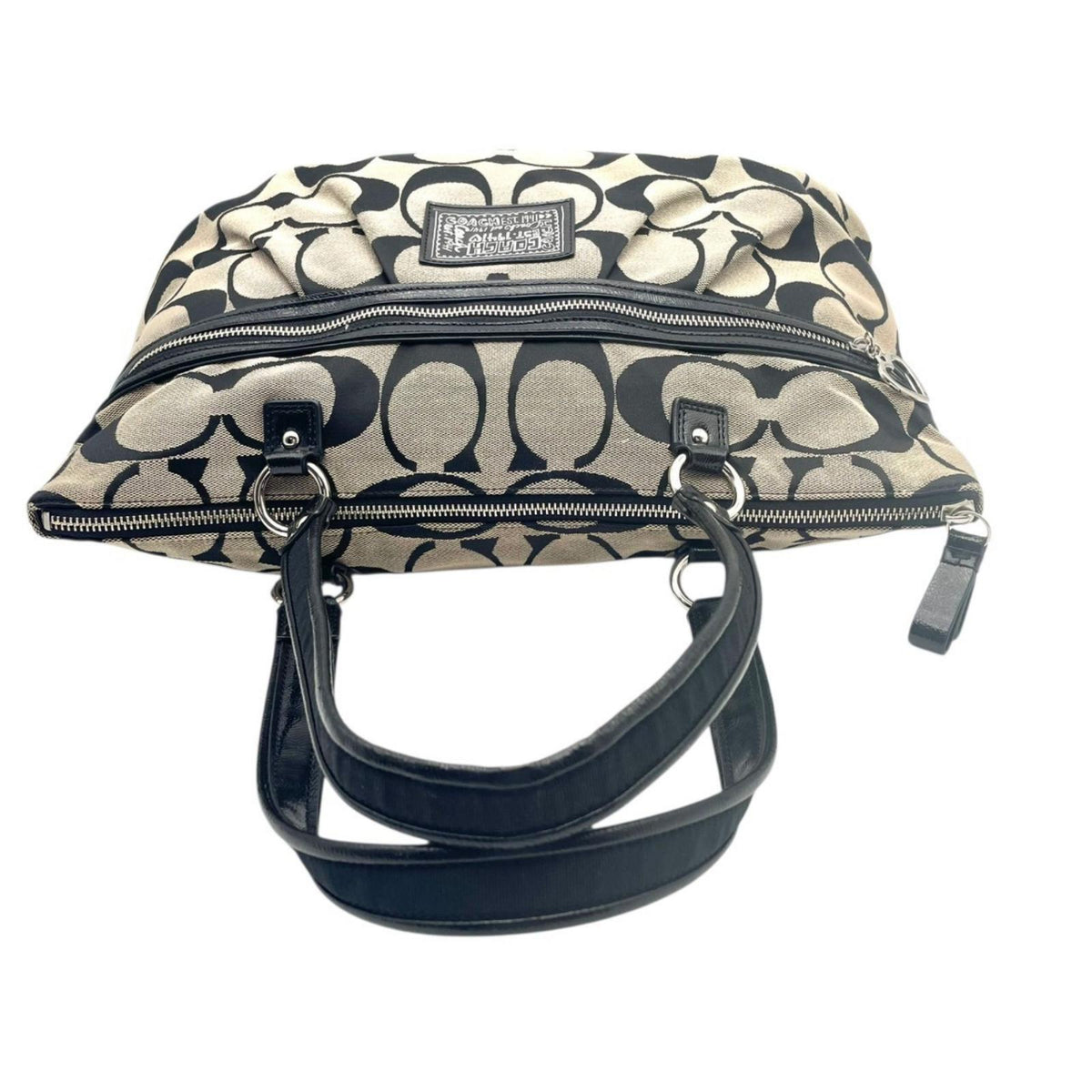 美品 COACH コーチ ポピー デイジー シグネチャー トートバッグ F22947 キャンバス レザー グレー ブラック 肩掛け A4収納 大容量 Y2K ヴィンテージ ハートチャーム レディース 通勤 通学 シルバー金具 S70