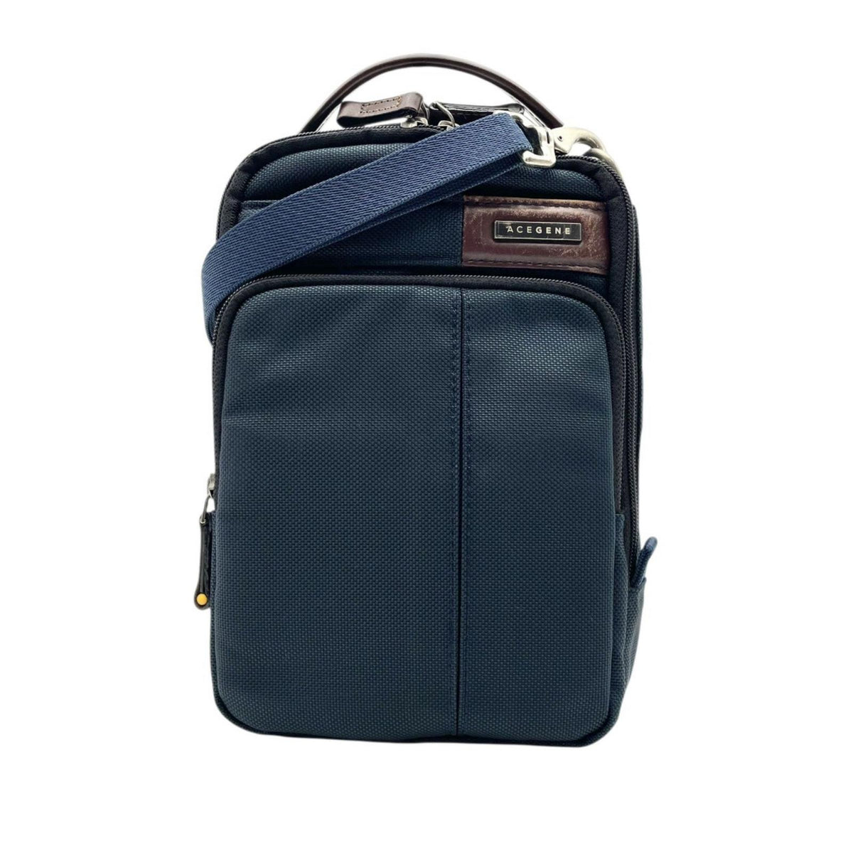 美品 ACEGENE エースジーン ショルダーバッグ 54552 フレックスライトフィット ネイビー ナイロン レザー 軽量 縦型 2way 斜め掛け ハンドバッグ メンズ ビジネス 通勤 旅行 多機能 コンパクト シルバー金具 S92