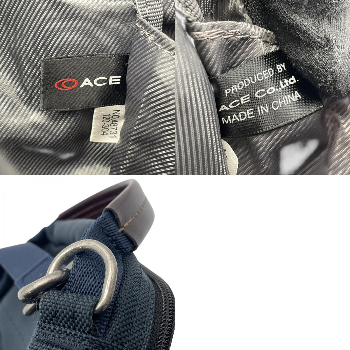 美品 ACEGENE エースジーン ショルダーバッグ 54552 フレックスライトフィット ネイビー ナイロン レザー 軽量 縦型 2way 斜め掛け ハンドバッグ メンズ ビジネス 通勤 旅行 多機能 コンパクト シルバー金具 S92