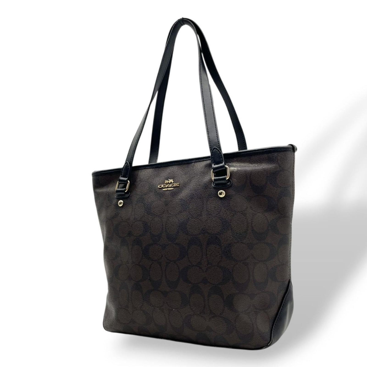 COACH コーチ トートバッグ ラグジュアリー シグネチャー F58294 ブラウン 黒 PVC レザー ゴールド金具 ファスナー開閉 肩掛け A4収納 大容量 通勤 通学 レディース エレガント シンプル 上品 定番 S86
