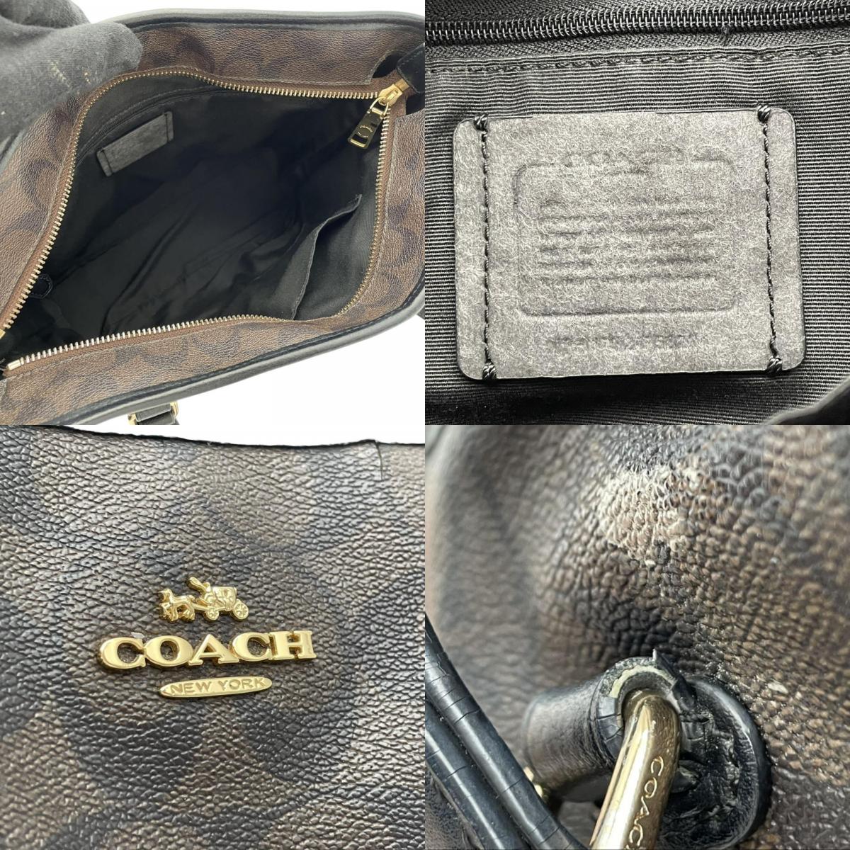 COACH コーチ トートバッグ ラグジュアリー シグネチャー F58294 ブラウン 黒 PVC レザー ゴールド金具 ファスナー開閉 肩掛け A4収納 大容量 通勤 通学 レディース エレガント シンプル 上品 定番 S86