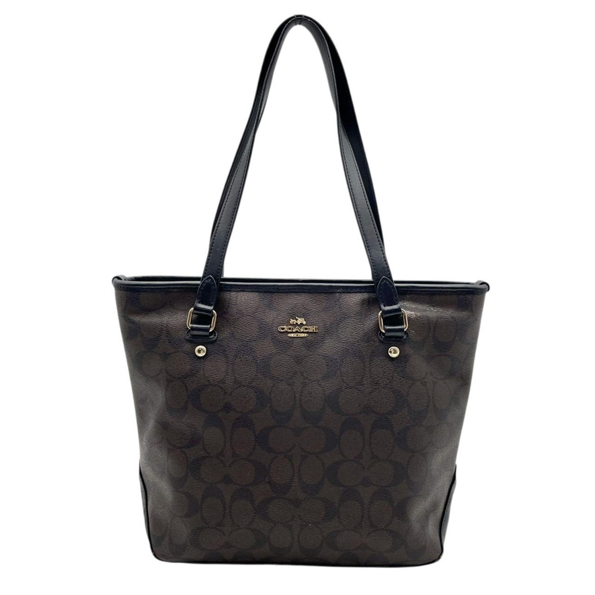 COACH コーチ トートバッグ ラグジュアリー シグネチャー F58294 ブラウン 黒 PVC レザー ゴールド金具 ファスナー開閉 肩掛け A4収納 大容量 通勤 通学 レディース エレガント シンプル 上品 定番 S86