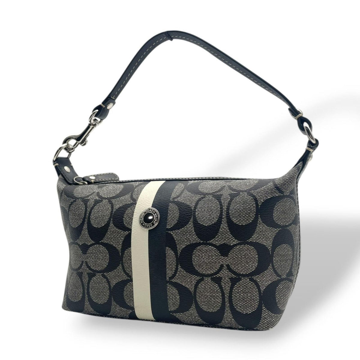 【美品】COACH コーチ ヘリテージ シグネチャー ストライプ スモール ハンドル ポーチ PVCレザー グレー ブラック ハンドバッグ ミニバッグ アクセサリーポーチ レディース お出かけ デイリー オシャレ S20