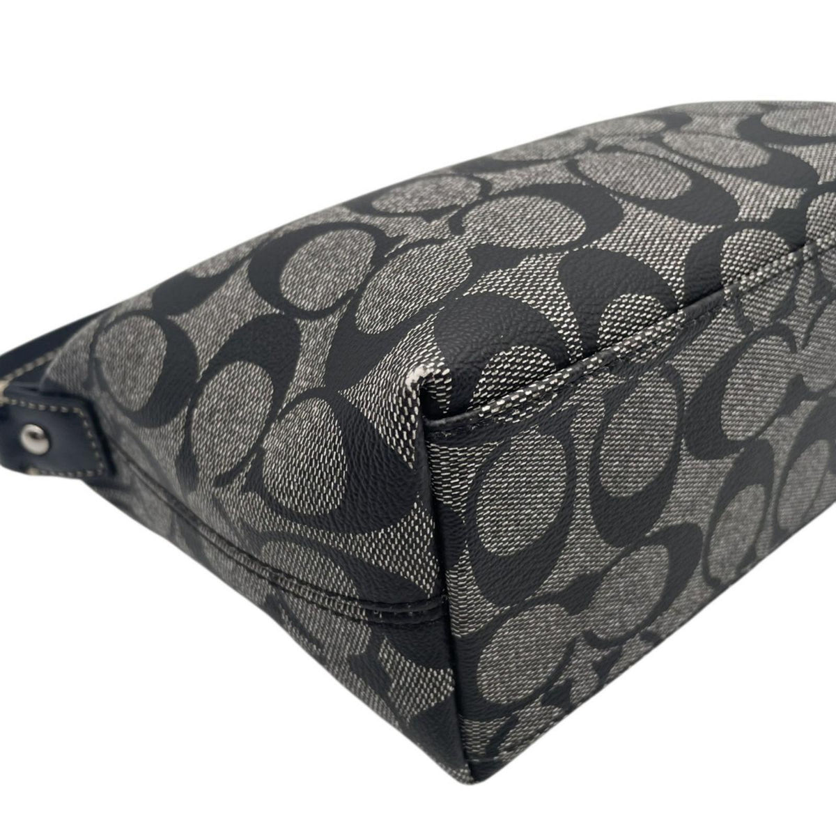 【美品】COACH コーチ ヘリテージ シグネチャー ストライプ スモール ハンドル ポーチ PVCレザー グレー ブラック ハンドバッグ ミニバッグ アクセサリーポーチ レディース お出かけ デイリー オシャレ S20