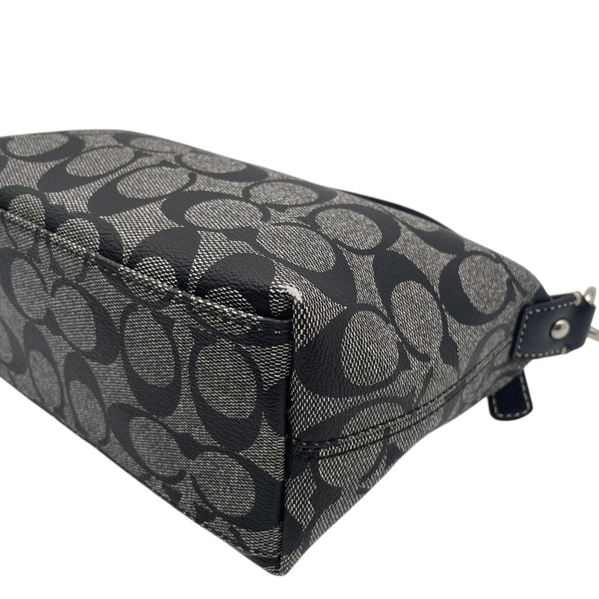 【美品】COACH コーチ ヘリテージ シグネチャー ストライプ スモール ハンドル ポーチ PVCレザー グレー ブラック ハンドバッグ ミニバッグ アクセサリーポーチ レディース お出かけ デイリー オシャレ S20