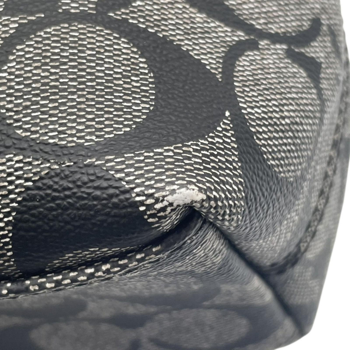 【美品】COACH コーチ ヘリテージ シグネチャー ストライプ スモール ハンドル ポーチ PVCレザー グレー ブラック ハンドバッグ ミニバッグ アクセサリーポーチ レディース お出かけ デイリー オシャレ S20
