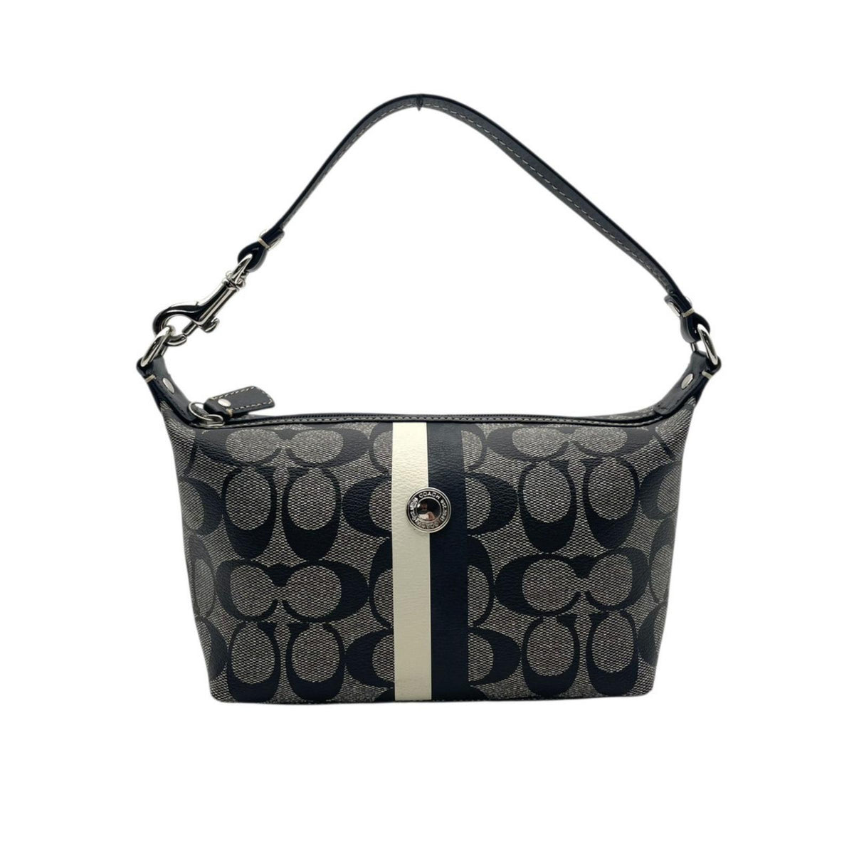 【美品】COACH コーチ ヘリテージ シグネチャー ストライプ スモール ハンドル ポーチ PVCレザー グレー ブラック ハンドバッグ ミニバッグ アクセサリーポーチ レディース お出かけ デイリー オシャレ S20