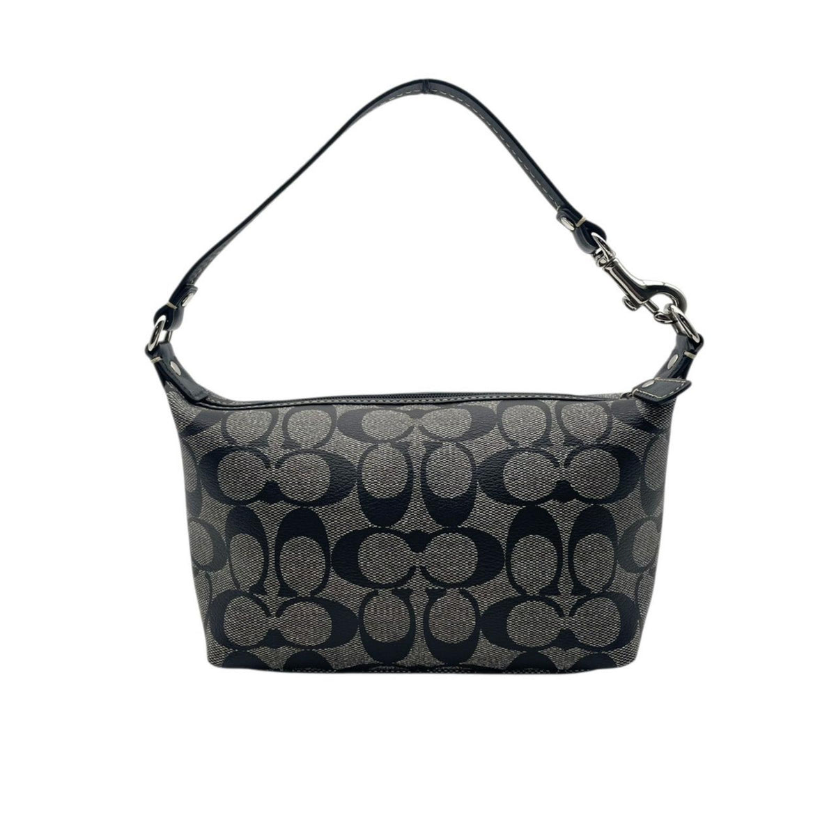【美品】COACH コーチ ヘリテージ シグネチャー ストライプ スモール ハンドル ポーチ PVCレザー グレー ブラック ハンドバッグ ミニバッグ アクセサリーポーチ レディース お出かけ デイリー オシャレ S20