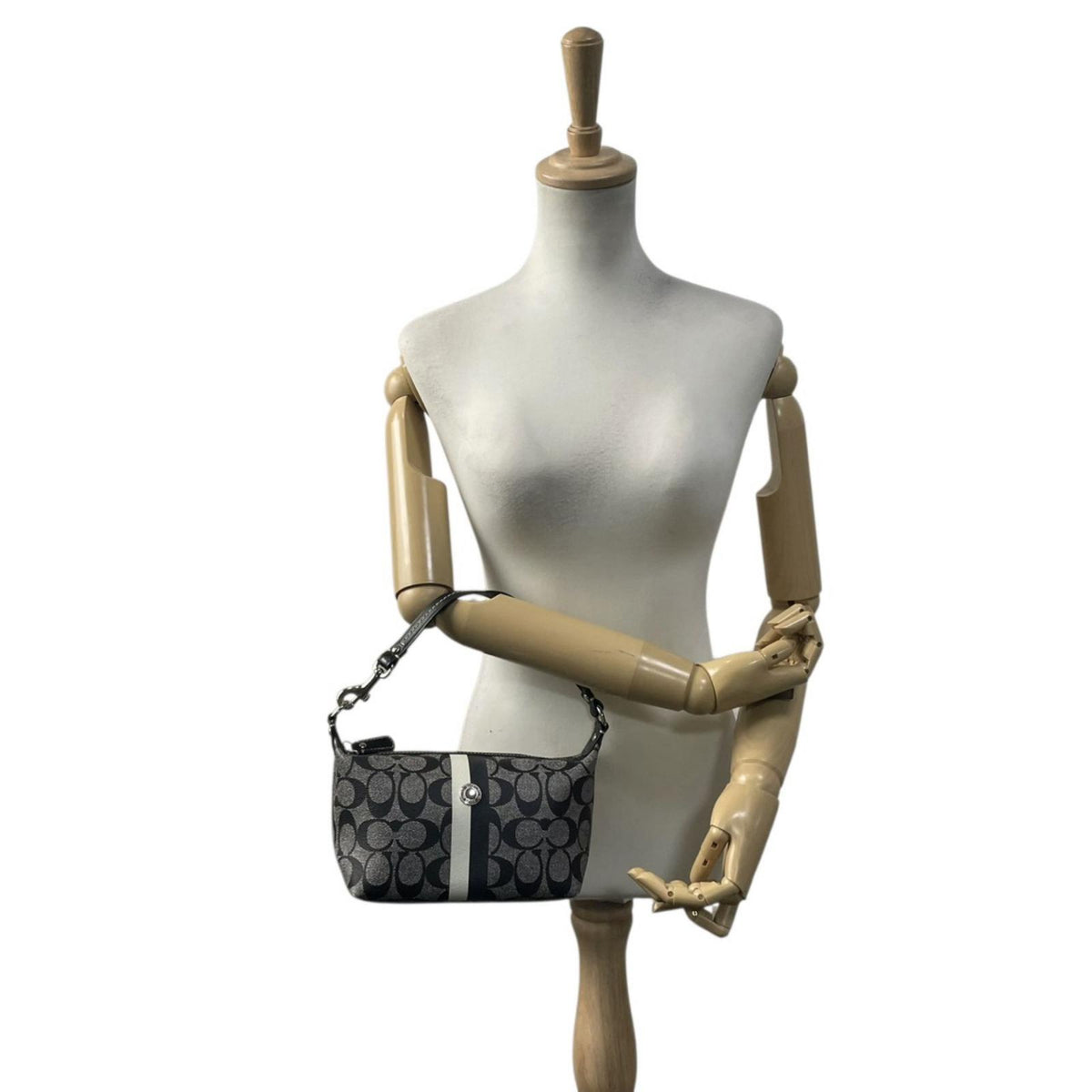 【美品】COACH コーチ ヘリテージ シグネチャー ストライプ スモール ハンドル ポーチ PVCレザー グレー ブラック ハンドバッグ ミニバッグ アクセサリーポーチ レディース お出かけ デイリー オシャレ S20