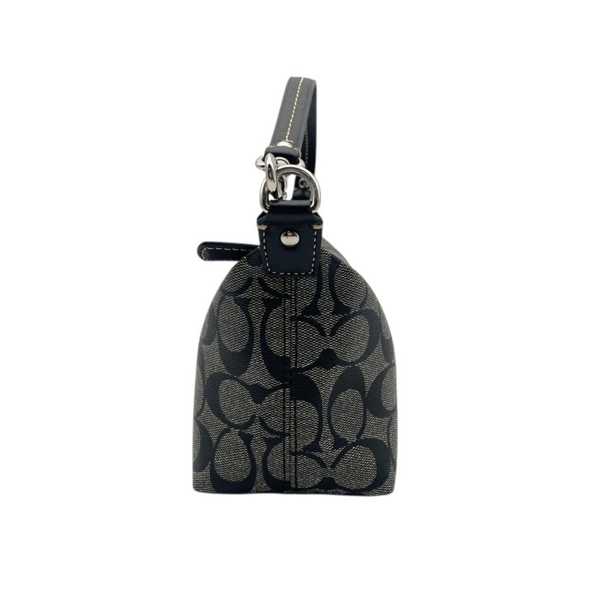 【美品】COACH コーチ ヘリテージ シグネチャー ストライプ スモール ハンドル ポーチ PVCレザー グレー ブラック ハンドバッグ ミニバッグ アクセサリーポーチ レディース お出かけ デイリー オシャレ S20