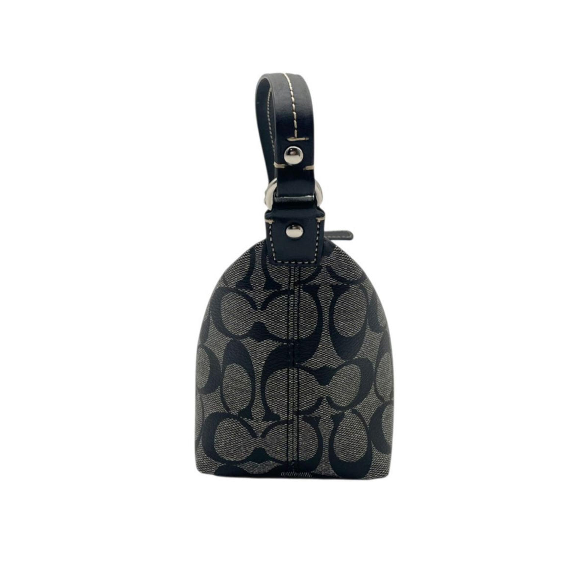 【美品】COACH コーチ ヘリテージ シグネチャー ストライプ スモール ハンドル ポーチ PVCレザー グレー ブラック ハンドバッグ ミニバッグ アクセサリーポーチ レディース お出かけ デイリー オシャレ S20