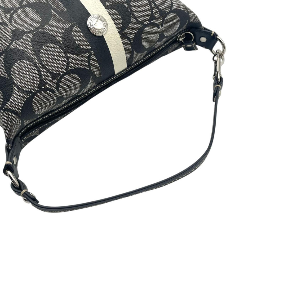 【美品】COACH コーチ ヘリテージ シグネチャー ストライプ スモール ハンドル ポーチ PVCレザー グレー ブラック ハンドバッグ ミニバッグ アクセサリーポーチ レディース お出かけ デイリー オシャレ S20
