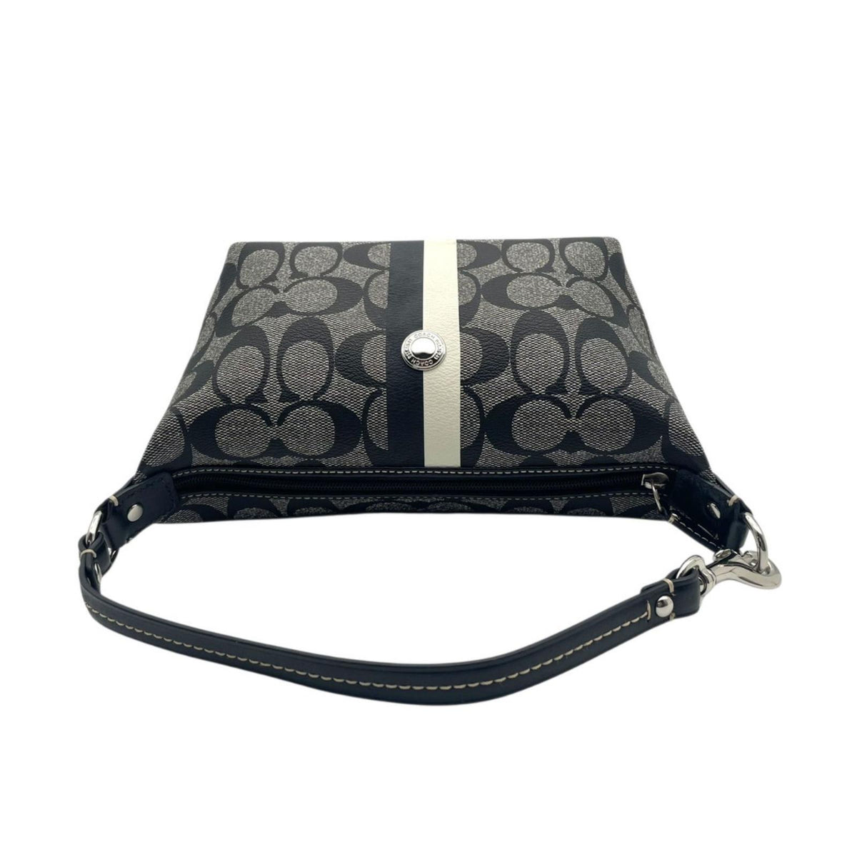 【美品】COACH コーチ ヘリテージ シグネチャー ストライプ スモール ハンドル ポーチ PVCレザー グレー ブラック ハンドバッグ ミニバッグ アクセサリーポーチ レディース お出かけ デイリー オシャレ S20