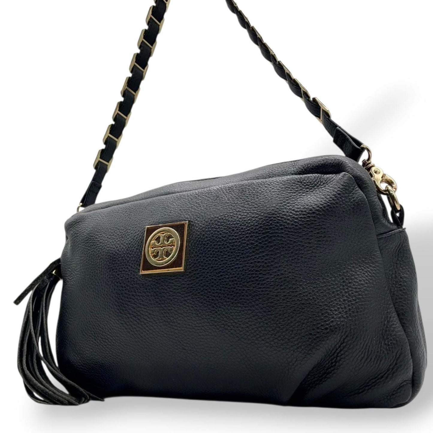 TORY BURCH トリーバーチ ショルダーバッグ ハンドバッグ 2WAY チェーンショルダー タッセル フリンジ デカロゴ レザー 本革 シボ革 ブラック 黒 ゴールド金具 レディース エレガント クラシック 大容量 クリーニング済み s39