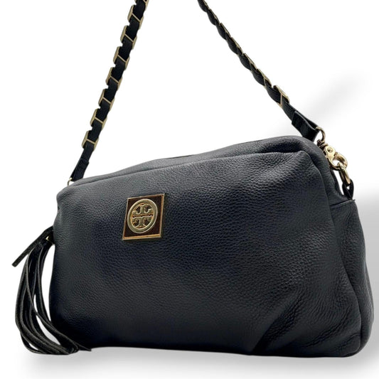 TORY BURCH トリーバーチ ショルダーバッグ ハンドバッグ 2WAY チェーンショルダー タッセル フリンジ デカロゴ レザー 本革 シボ革 ブラック 黒 ゴールド金具 レディース エレガント クラシック 大容量 クリーニング済み s39