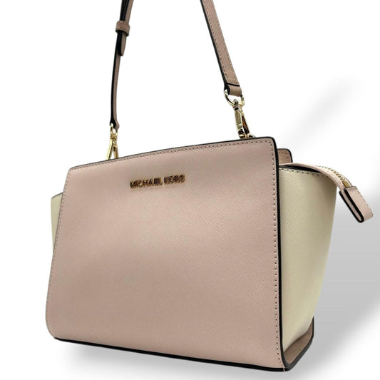 【美品】マイケルコース 2WAY ハンドバッグ ショルダーバッグ ピンク アイボリー バイカラー PVC レザー ゴールド金具 ロゴ エレガント フェミニン レディース 自立可 お出かけ 通勤通学 クリーニング済み s71