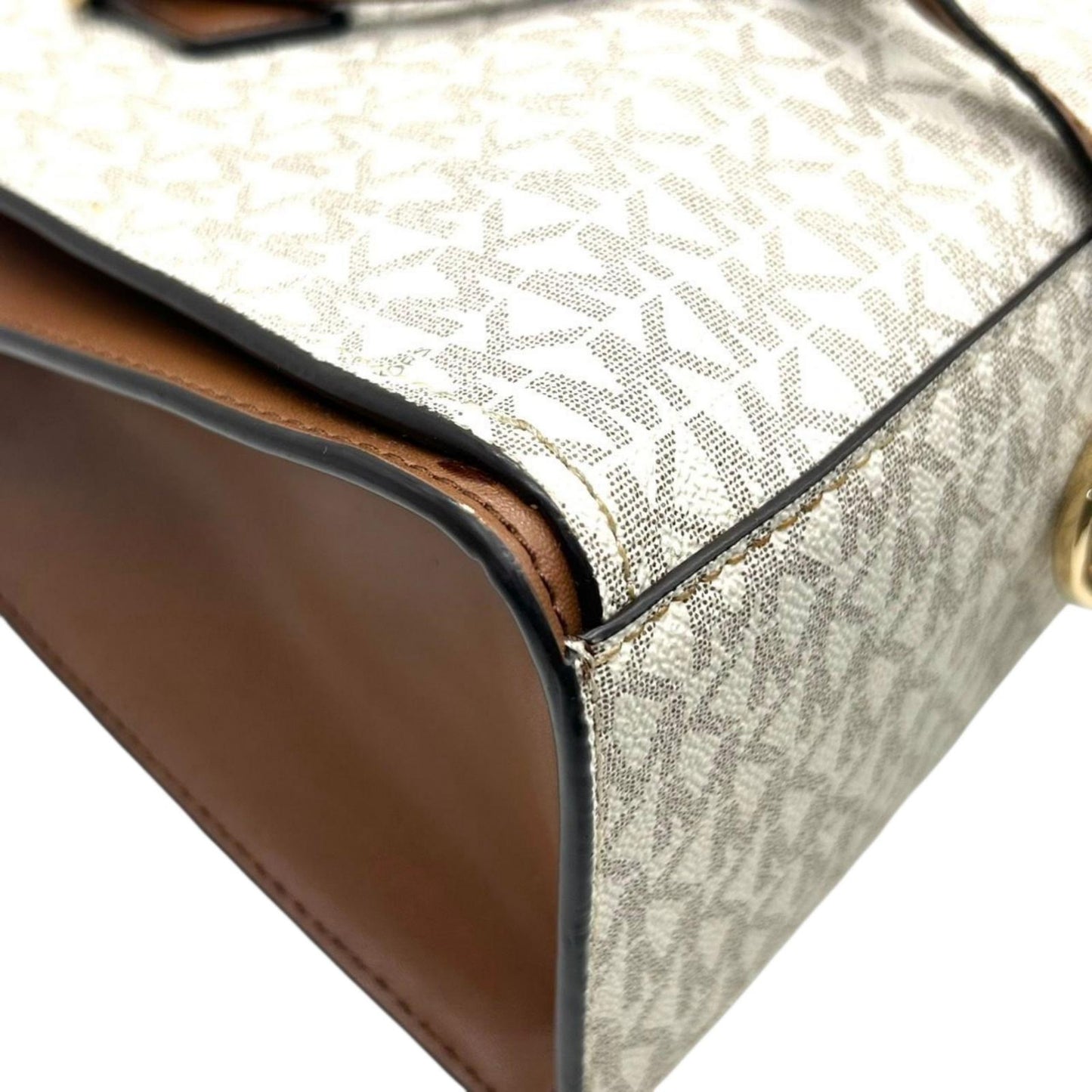 【美品】MICHAEL KORS マイケルコース 2WAY ハンドバッグ ショルダーバッグ シグネチャー MKロゴチャーム PVC レザー ブラウン ベージュ ゴールド金具 エレガント レディース 通勤 通学 クリーニング済み 自立可 s71