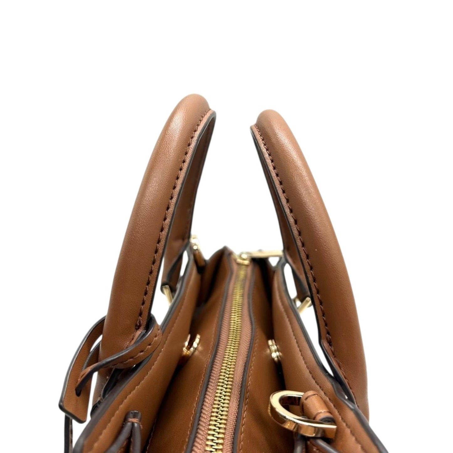 【美品】MICHAEL KORS マイケルコース 2WAY ハンドバッグ ショルダーバッグ シグネチャー MKロゴチャーム PVC レザー ブラウン ベージュ ゴールド金具 エレガント レディース 通勤 通学 クリーニング済み 自立可 s71