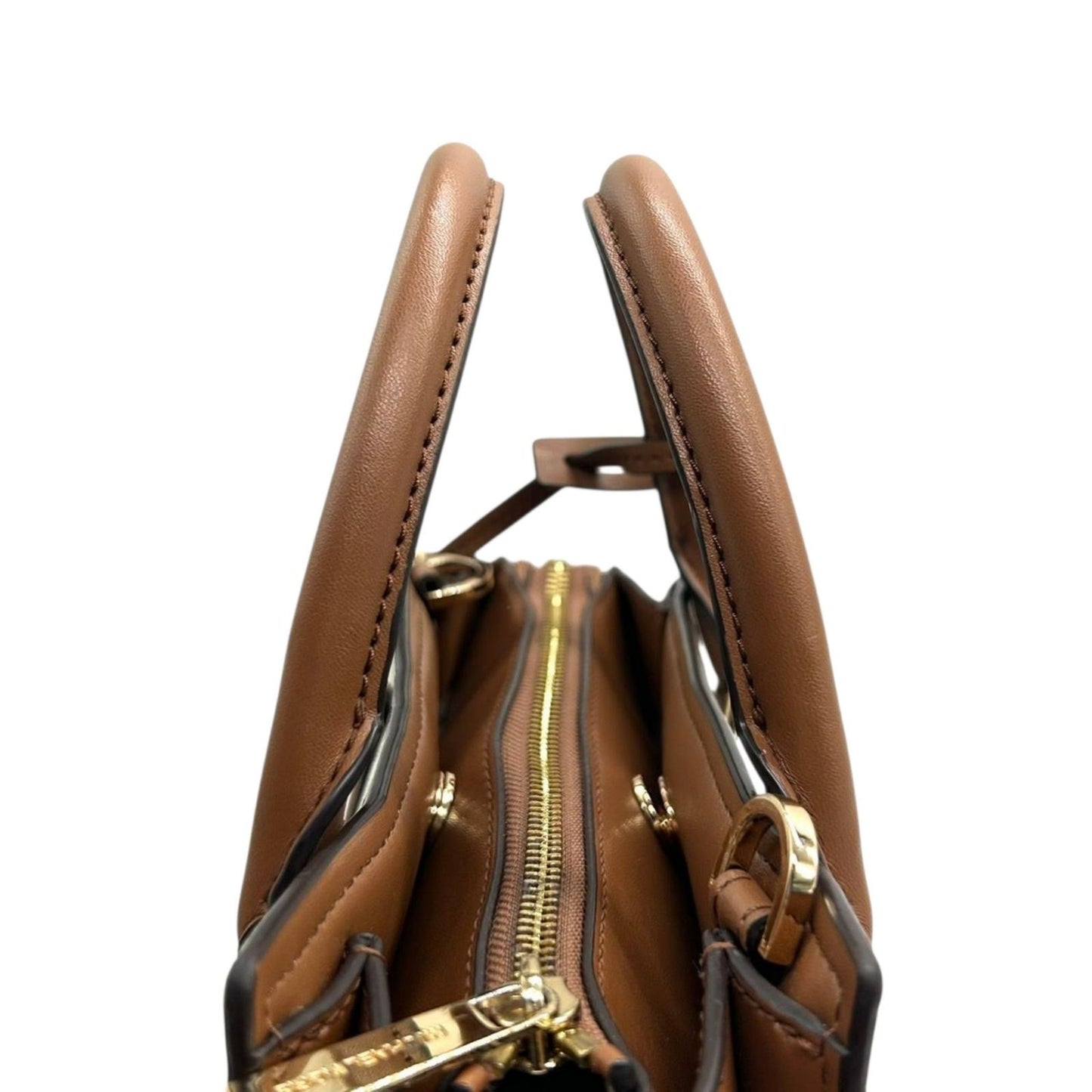 【美品】MICHAEL KORS マイケルコース 2WAY ハンドバッグ ショルダーバッグ シグネチャー MKロゴチャーム PVC レザー ブラウン ベージュ ゴールド金具 エレガント レディース 通勤 通学 クリーニング済み 自立可 s71