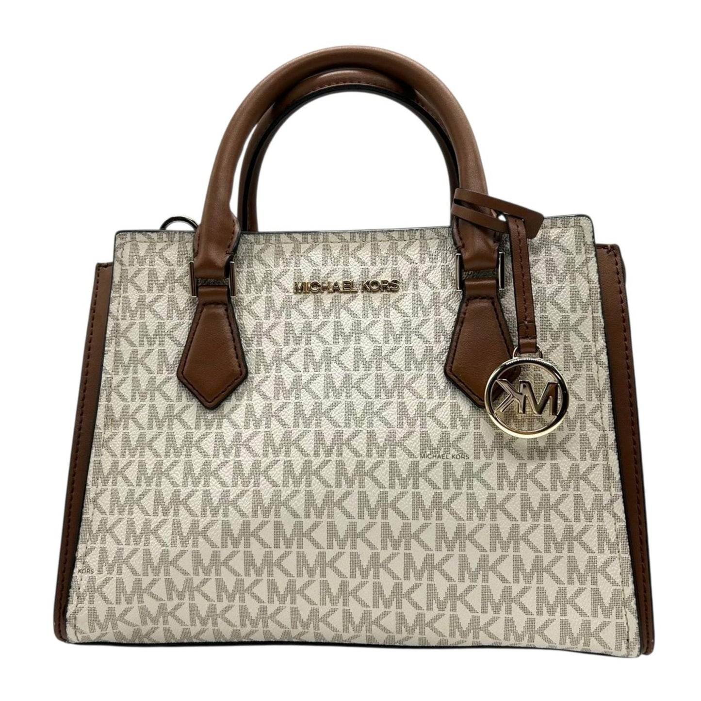 【美品】MICHAEL KORS マイケルコース 2WAY ハンドバッグ ショルダーバッグ シグネチャー MKロゴチャーム PVC レザー ブラウン ベージュ ゴールド金具 エレガント レディース 通勤 通学 クリーニング済み 自立可 s71