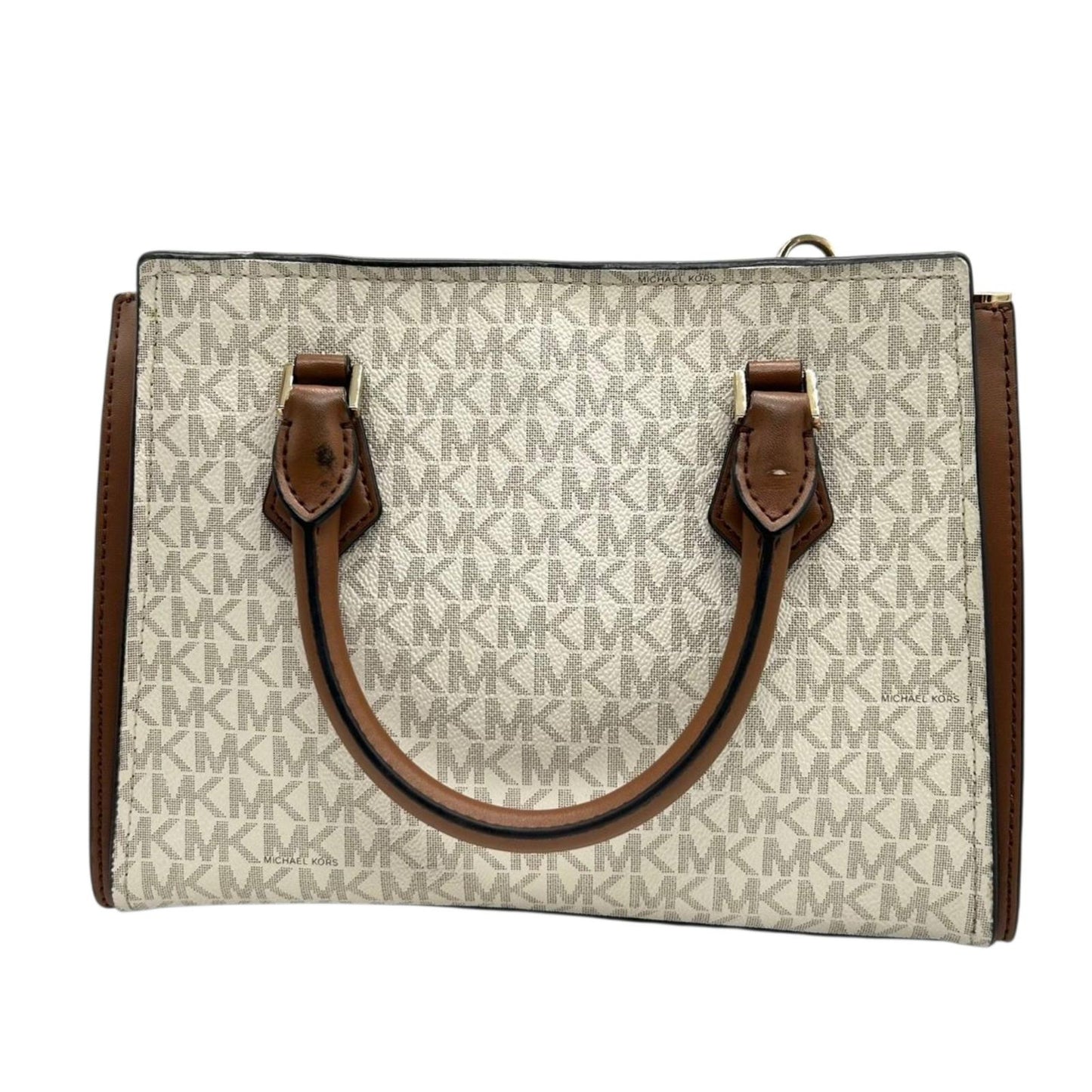 【美品】MICHAEL KORS マイケルコース 2WAY ハンドバッグ ショルダーバッグ シグネチャー MKロゴチャーム PVC レザー ブラウン ベージュ ゴールド金具 エレガント レディース 通勤 通学 クリーニング済み 自立可 s71