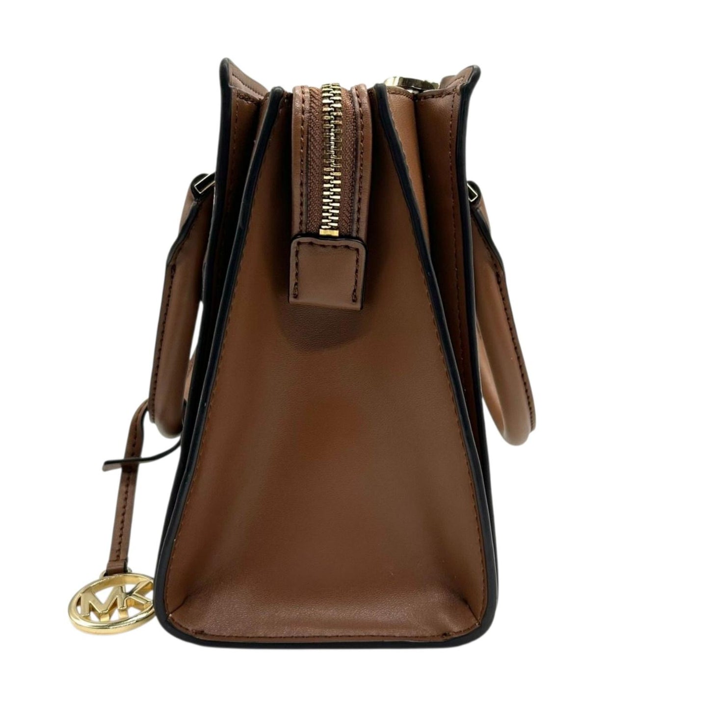 【美品】MICHAEL KORS マイケルコース 2WAY ハンドバッグ ショルダーバッグ シグネチャー MKロゴチャーム PVC レザー ブラウン ベージュ ゴールド金具 エレガント レディース 通勤 通学 クリーニング済み 自立可 s71