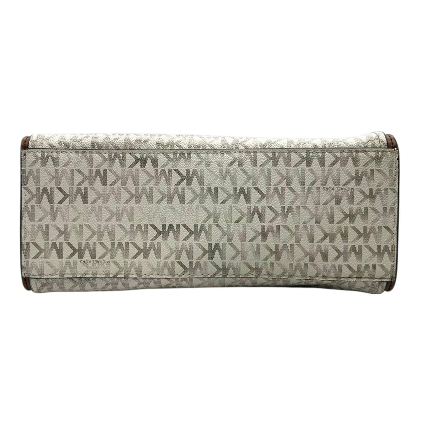 【美品】MICHAEL KORS マイケルコース 2WAY ハンドバッグ ショルダーバッグ シグネチャー MKロゴチャーム PVC レザー ブラウン ベージュ ゴールド金具 エレガント レディース 通勤 通学 クリーニング済み 自立可 s71