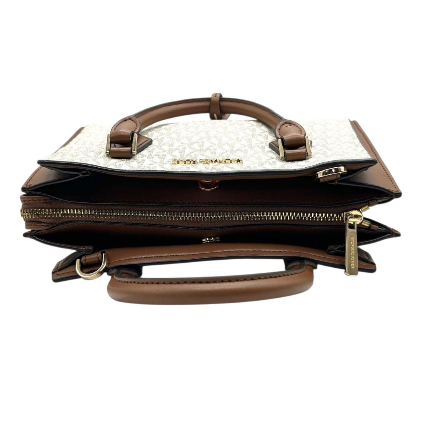 【美品】MICHAEL KORS マイケルコース 2WAY ハンドバッグ ショルダーバッグ シグネチャー MKロゴチャーム PVC レザー ブラウン ベージュ ゴールド金具 エレガント レディース 通勤 通学 クリーニング済み 自立可 s71