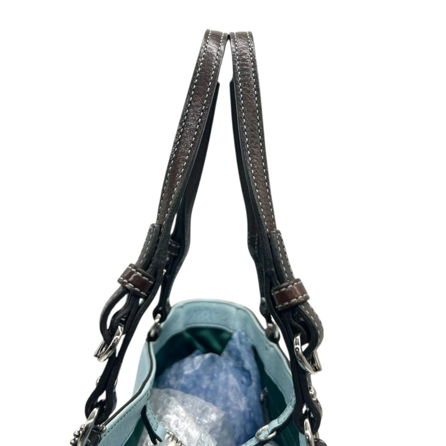 コーチ COACH トートバッグ 8A44 ハンプトン レザー 本革 ライトブルー ブラウン 肩掛け A4収納可 クラシック ビジネス カジュアル 通勤 通学 レディース クリーニング済み E5