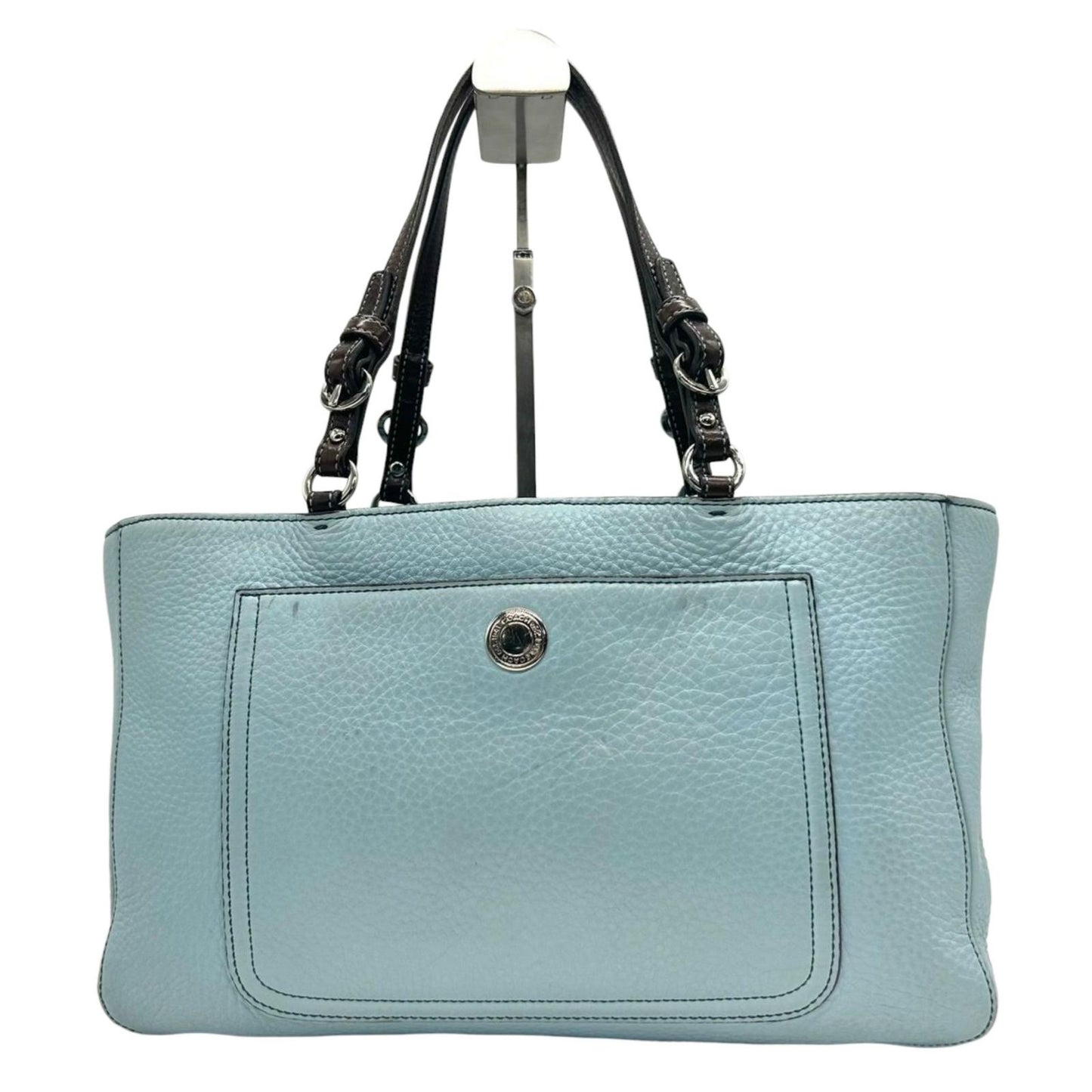 コーチ COACH トートバッグ 8A44 ハンプトン レザー 本革 ライトブルー ブラウン 肩掛け A4収納可 クラシック ビジネス カジュアル 通勤 通学 レディース クリーニング済み E5