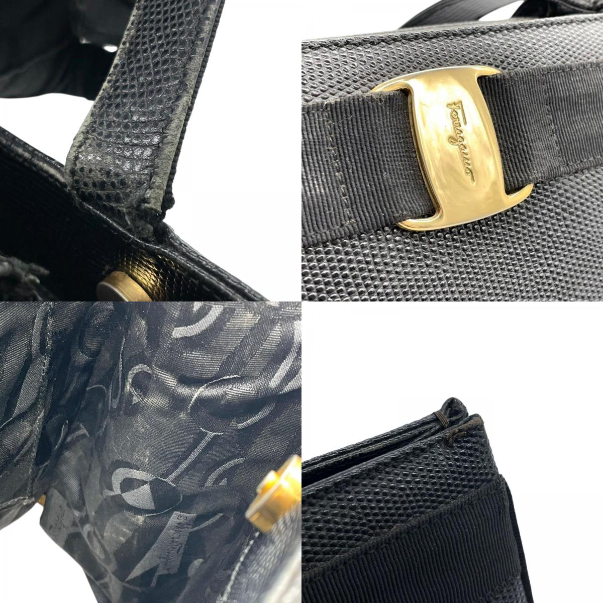 Salvatore Ferragamo フェラガモ ヴァラリボン ハンドバッグ トートバッグ BK-21 2530 レザー キャンバス ブラック 黒 ゴールド金具 A4収納可 レディース エレガント クラシック イタリア製 クリーニング済み C4