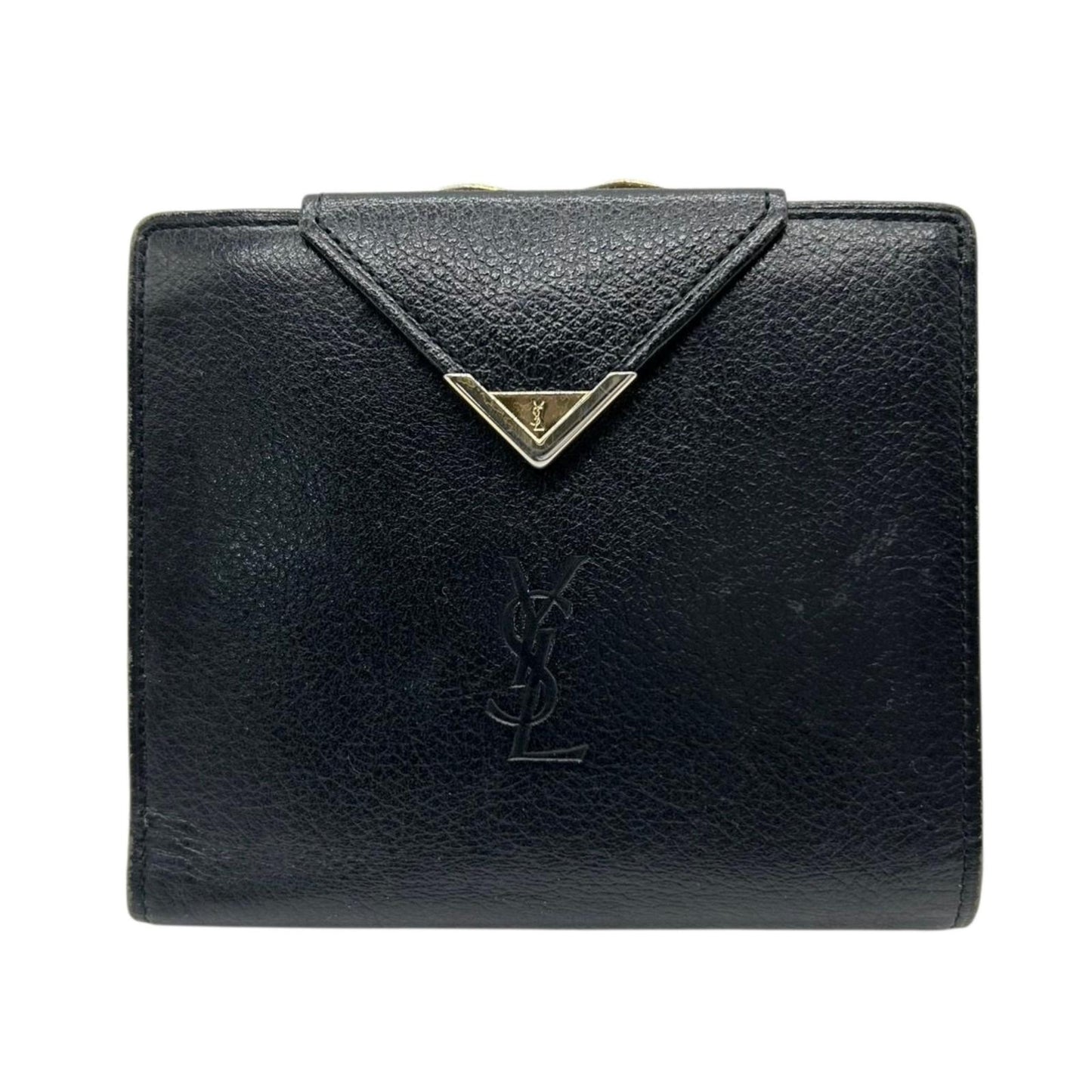イヴ・サンローラン Yves Saint Laurent 財布 二つ折り YSLロゴ Vステッチ コンパクトウォレット 本革 レザー ブラック 黒 クラシック ヴィンテージ メンズ レディース ユニセックス クリーニング済み w5