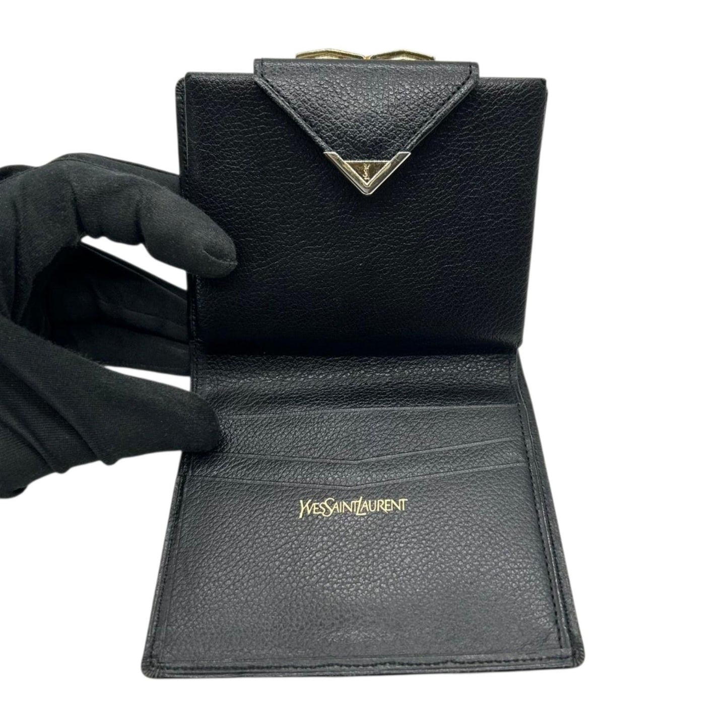 イヴ・サンローラン Yves Saint Laurent 財布 二つ折り YSLロゴ Vステッチ コンパクトウォレット 本革 レザー ブラック 黒 クラシック ヴィンテージ メンズ レディース ユニセックス クリーニング済み w5